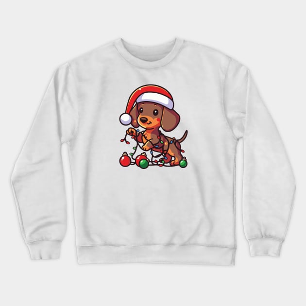 dachshund dog playing with Christmas lights Crewneck Sweatshirt by Arteria6e9Vena